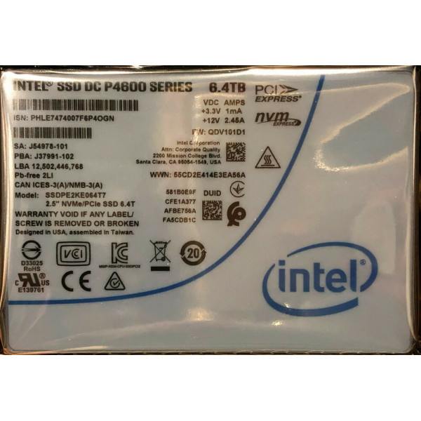 Intel SSDPE2KE064T701 SSD DC P4600 Series 6.4TB, 2.5in PCIe 3.1 x4, 3D1, TLC New Bulk Packaging