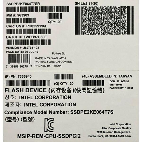 Intel SSDPE2KE064T7SR SSD DC P4600 Series 6.4TB, 2.5in PCIe 3.1 x4, 3D1, TLC New Bulk Packaging