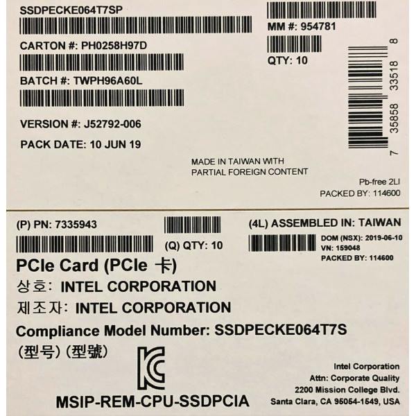 Intel SSDPECKE064T7SP SSD DC P4608 Series 6.4TB, 1/2 Height PCIe 3.1 x8, 3D1 New Bulk Packaging